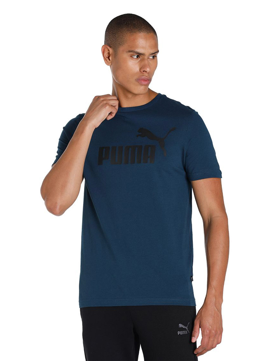 Puma Men Marine Blue Printed Essentials Logo Regular Fit T-shirt (1)