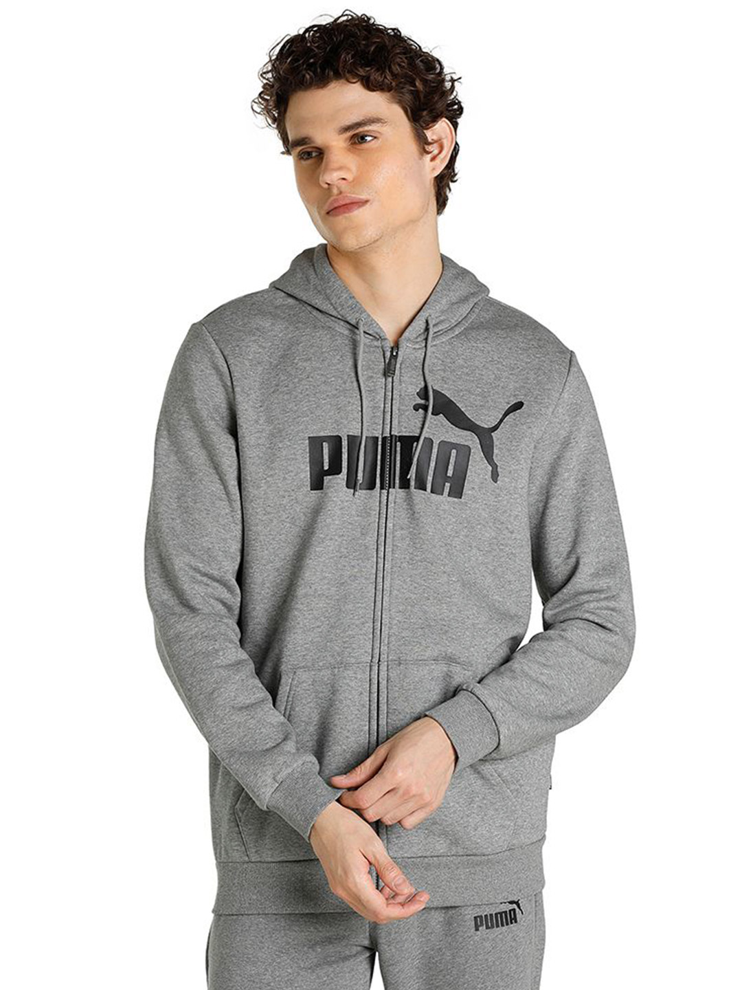 Men Medium Gray Heather Printed Essential Big Logo Full-Zip Regular Fit Hoodie