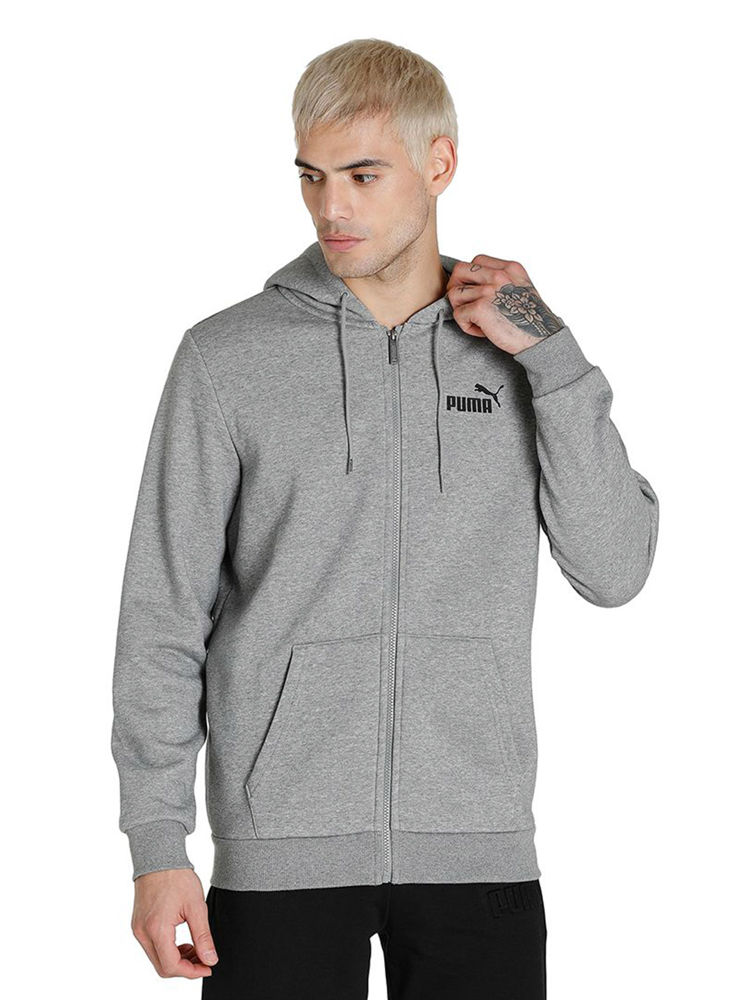 Puma Men Medium Gray Heather Printed Essentials Small Logo Full-Zip Regular Fit Hoodie (1)