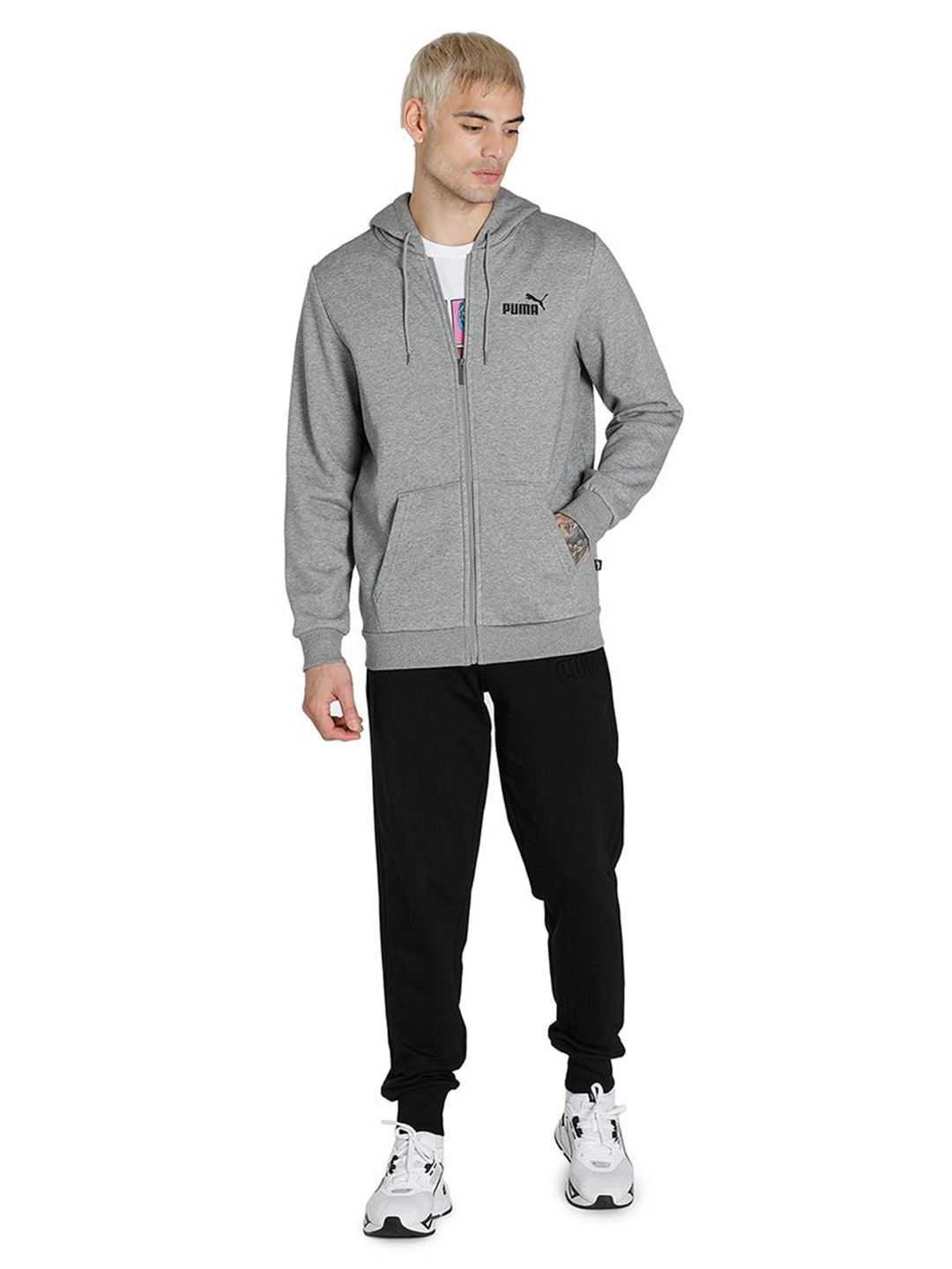 Puma Men Medium Gray Heather Printed Essentials Small Logo Full-Zip Regular Fit Hoodie (5)