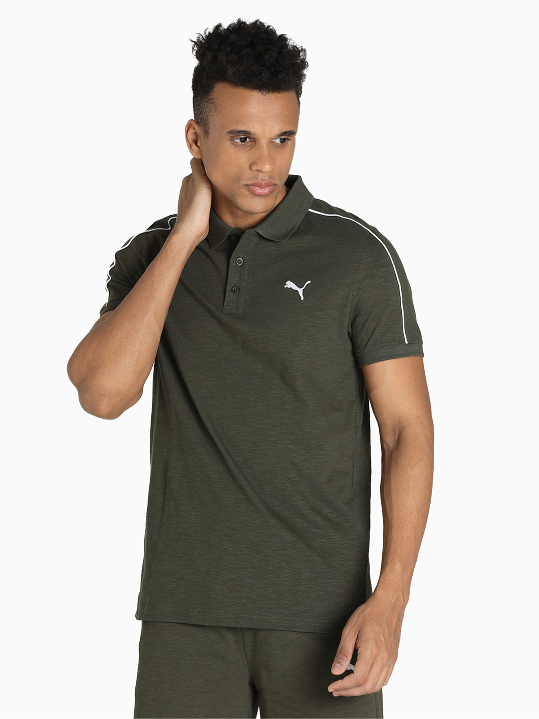 Puma Men Olive Green Polo Collar Half Sleeves T-Shirt (1)