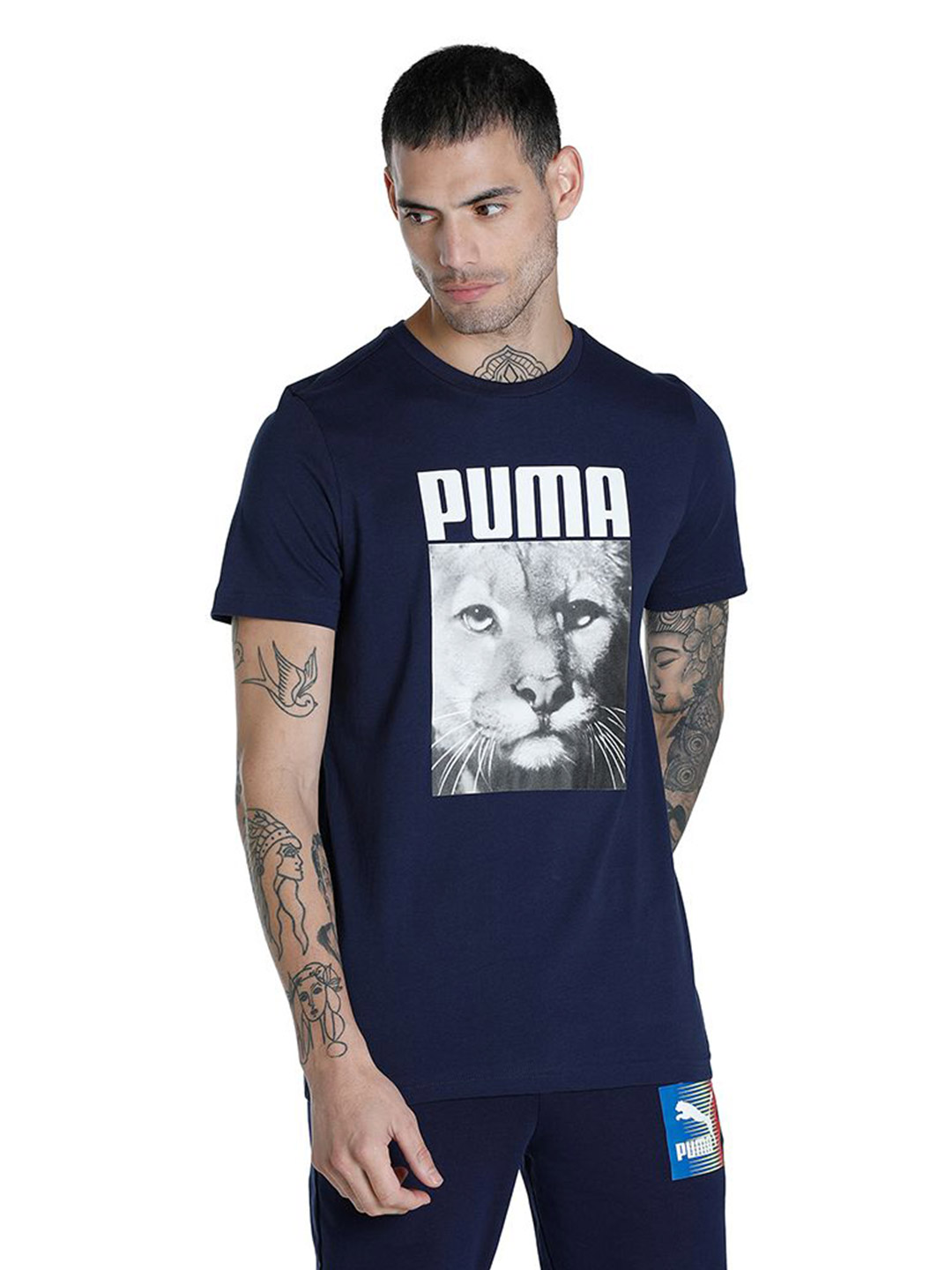 Men Peacoat Printed Cat Graphic T-Shirt