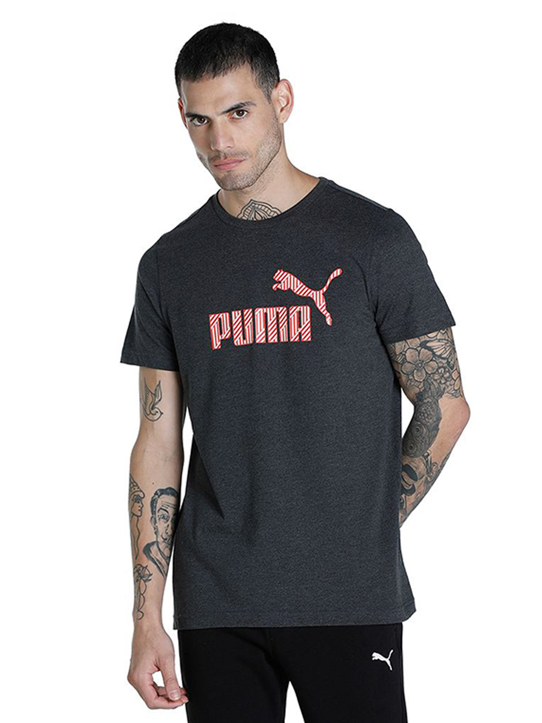 Men Puma Black Heather Printed N1 Logo T-Shirt