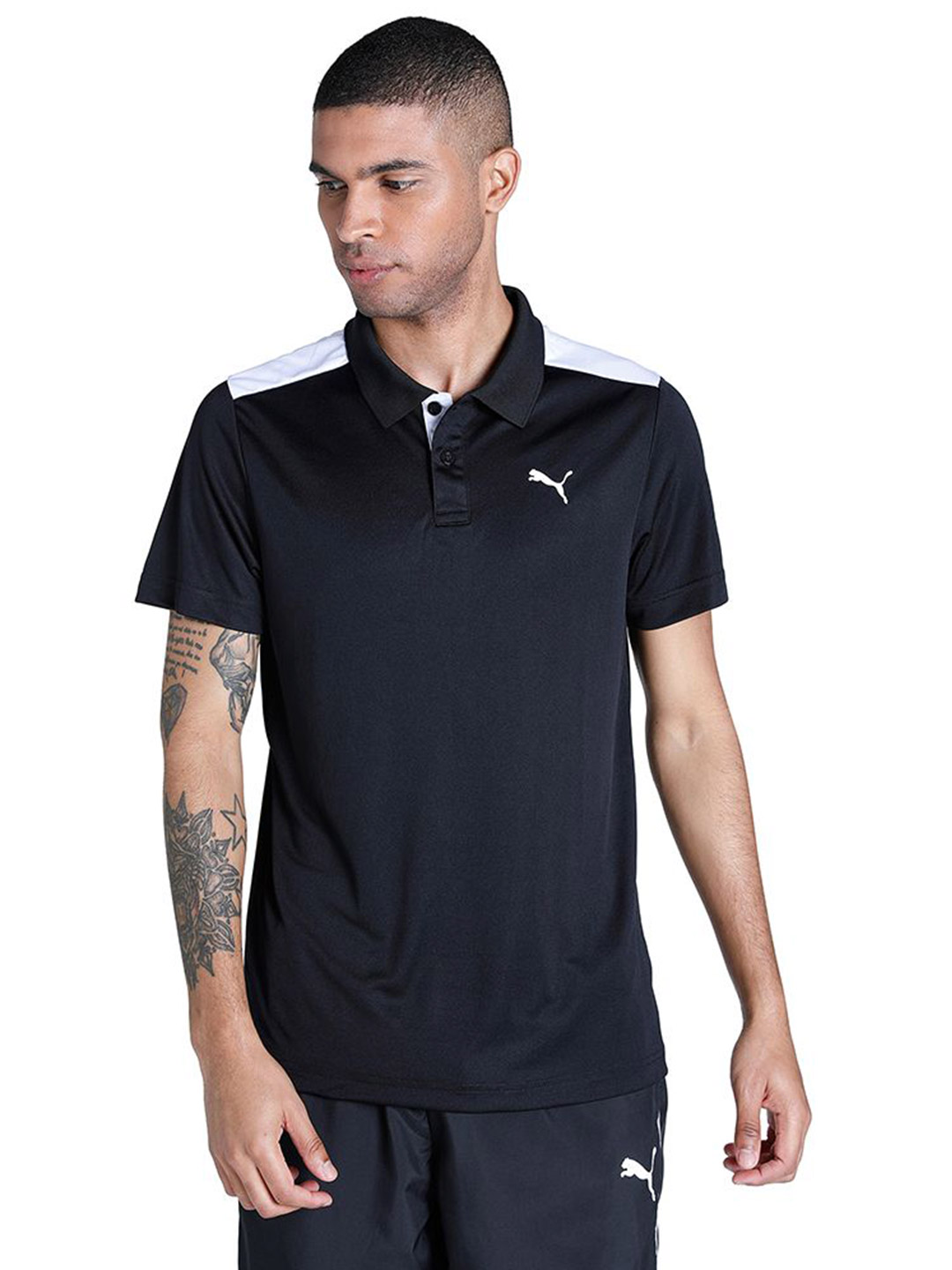 Puma Men Puma Black Printed Color Block Train Polo T-Shirt (1)