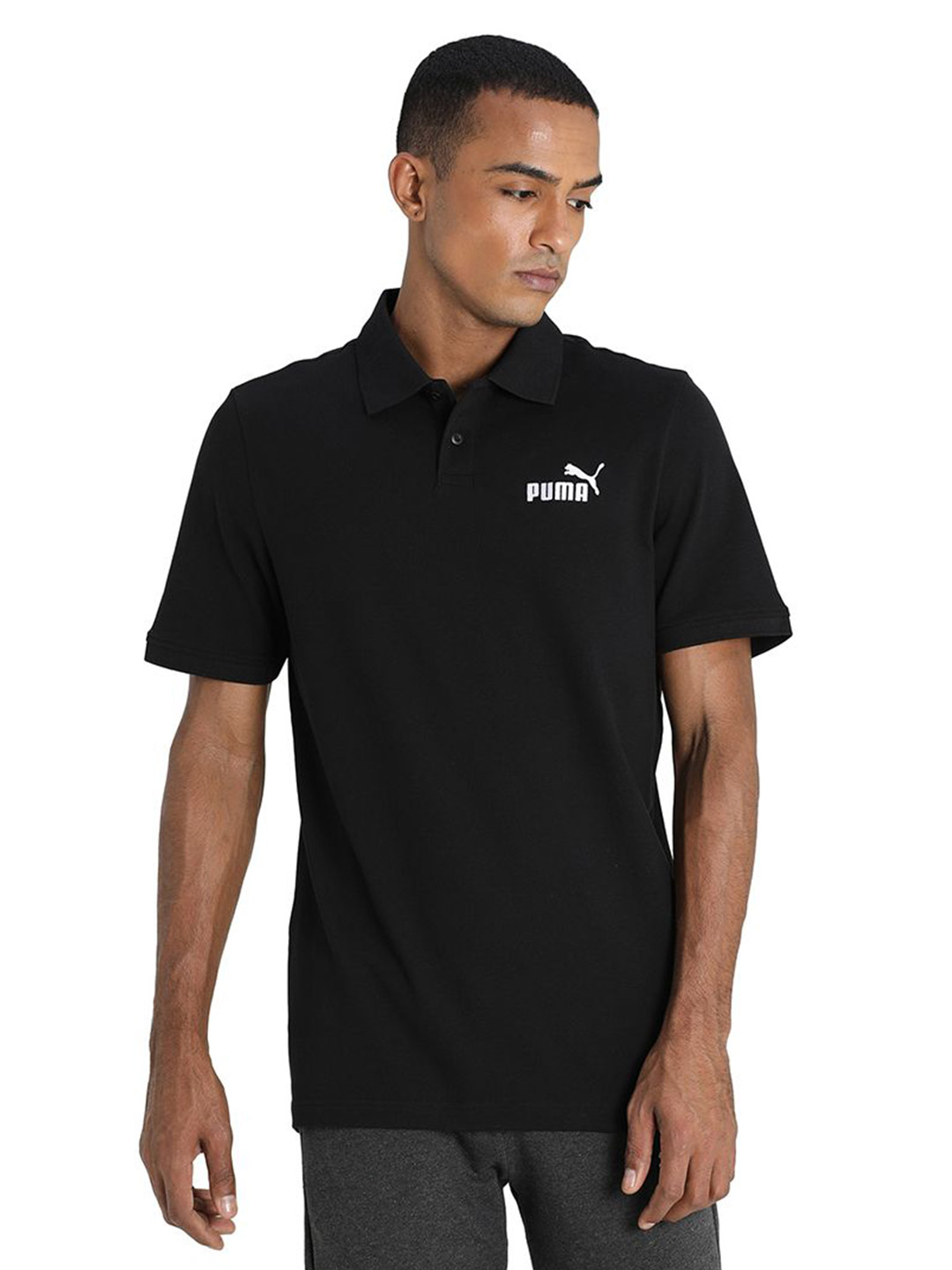 Men Puma Black Printed Essentials Pique Regular Fit Polo Shirt