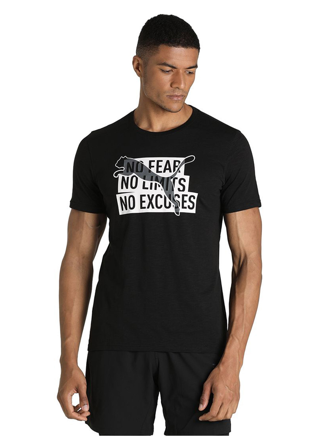 Men Puma Black Printed Performance Slogan Cat Training T-Shirt