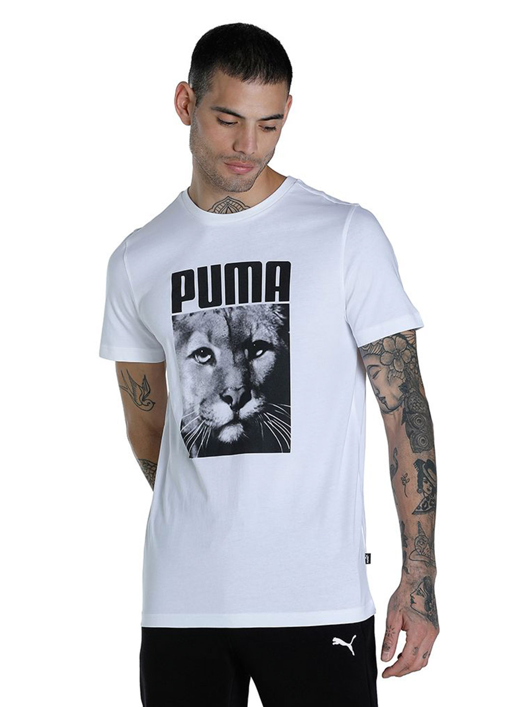 Men Puma White Printed Cat Graphic T-Shirt