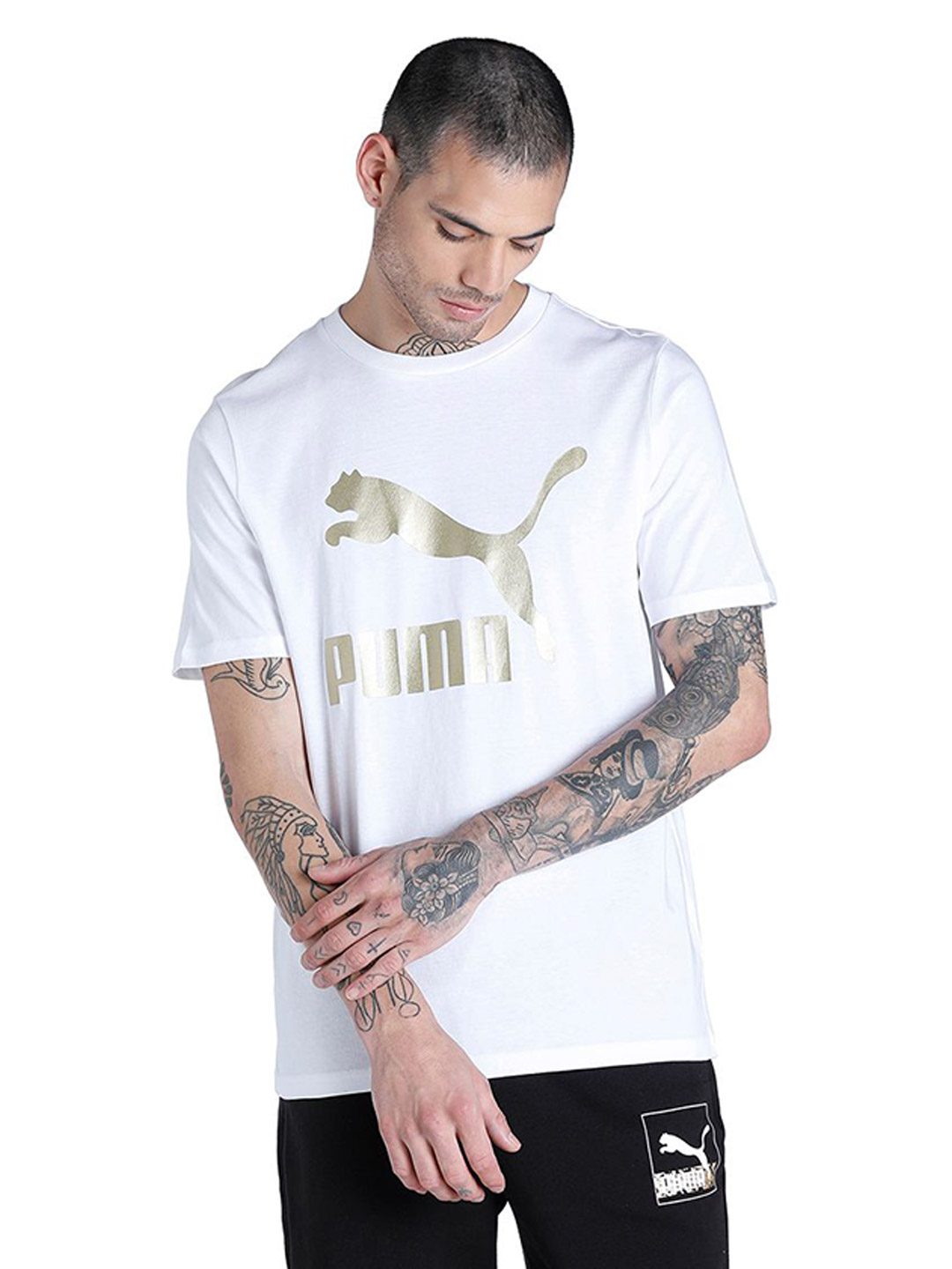 Men Puma White Printed Classics Logo Metallic T-Shirt