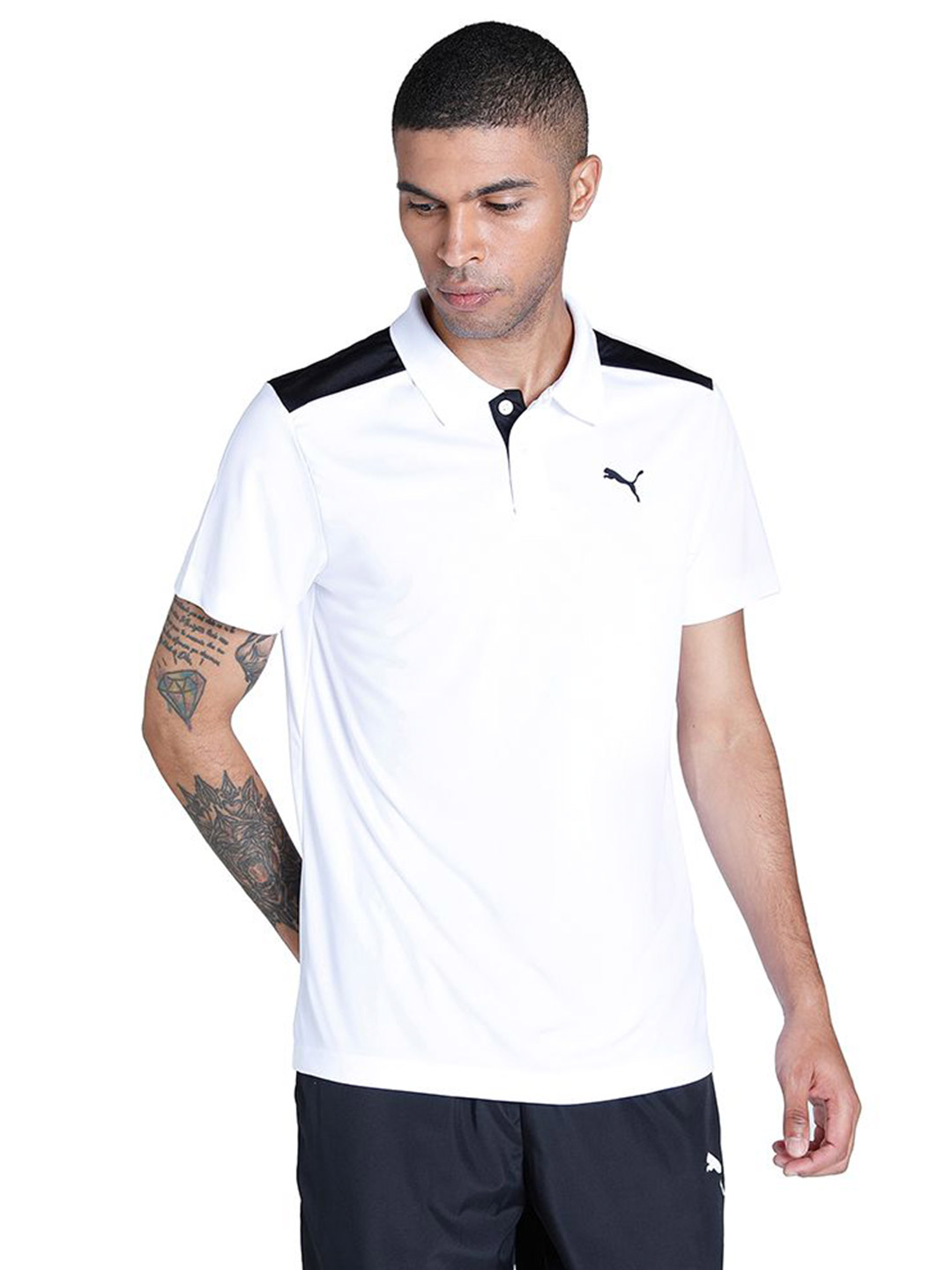 Puma Men Puma White Printed Color Block Train Polo T-Shirt (1)