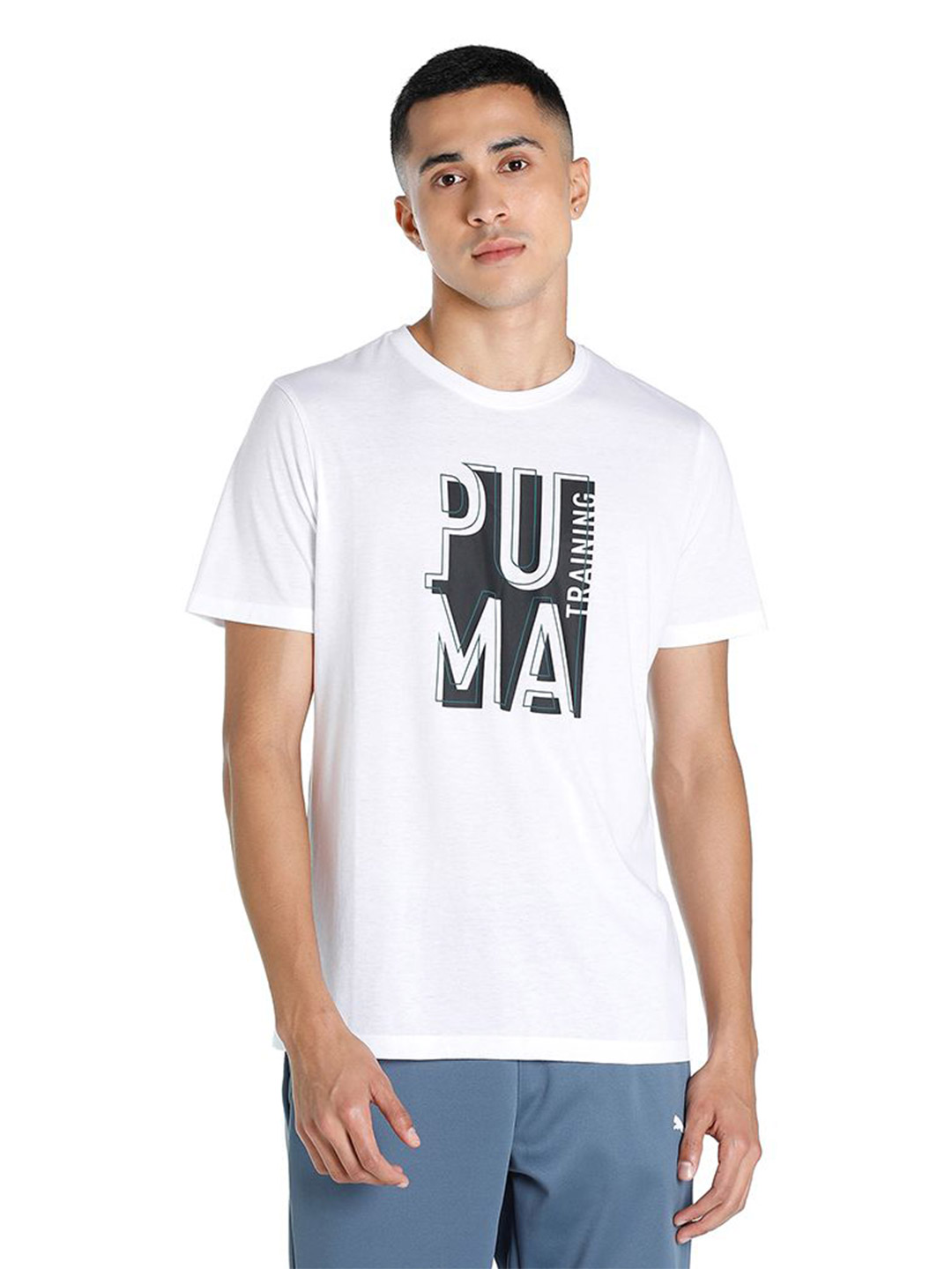 Men Puma White Printed Short Sleeve Training T-Shirt