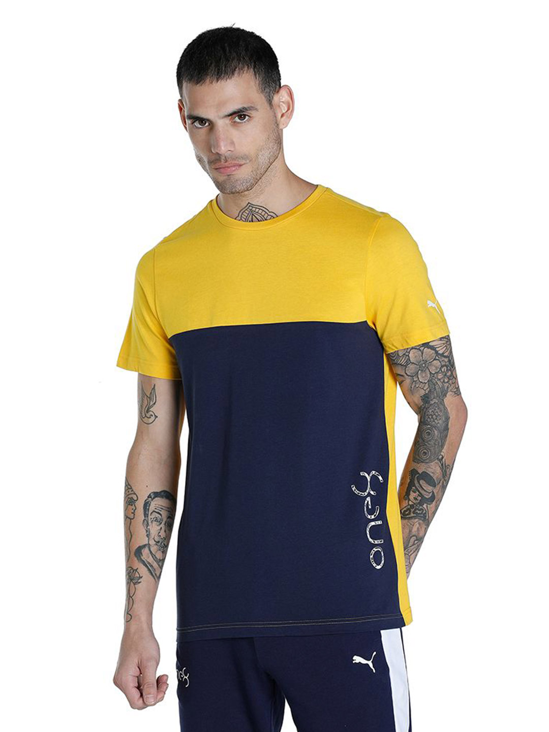 Puma Men Sun Ray Yellow Printed one8 Virat Kohli Color Block T-Shirt (1)
