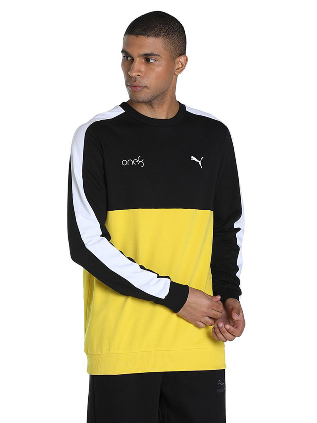 Puma Men Sun Ray Yellow Printed PUMAxONE8 Color Block Crew Sweatshirts (1)