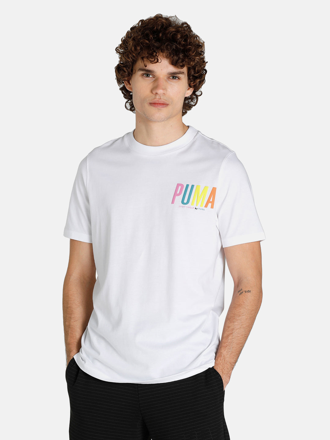 Puma Men White Brand Logo Graphic Printed Round Neck T-Shirt (1)