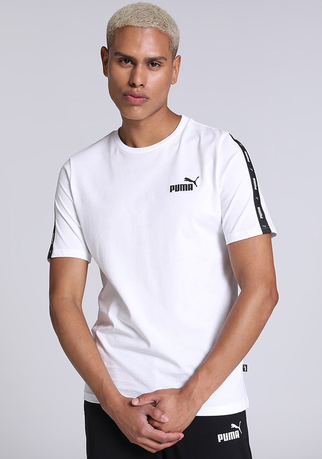 Men White ESS+ Tape T-Shirt
