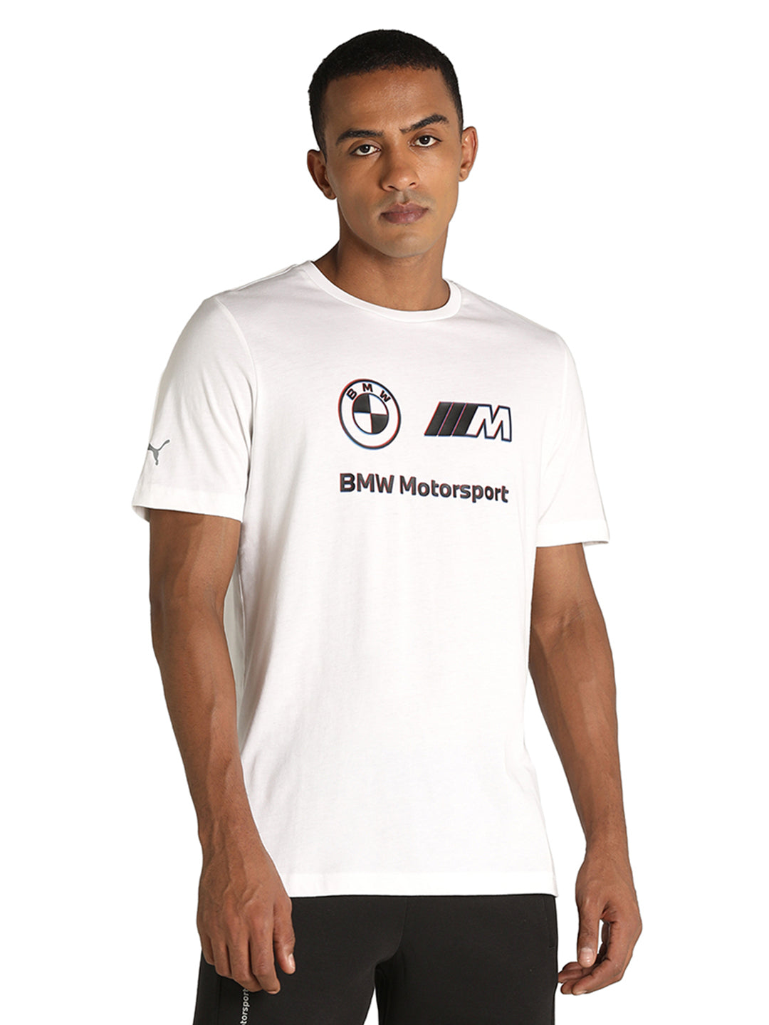 Men White BMW MMS Logo Printed Round Neck Half Sleeves T-Shirt