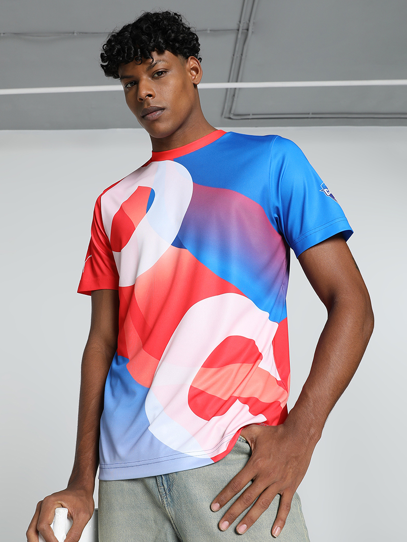 Men Blue and Red Graphic Printed Half Sleeves Round Neck Polyester T-Shirt