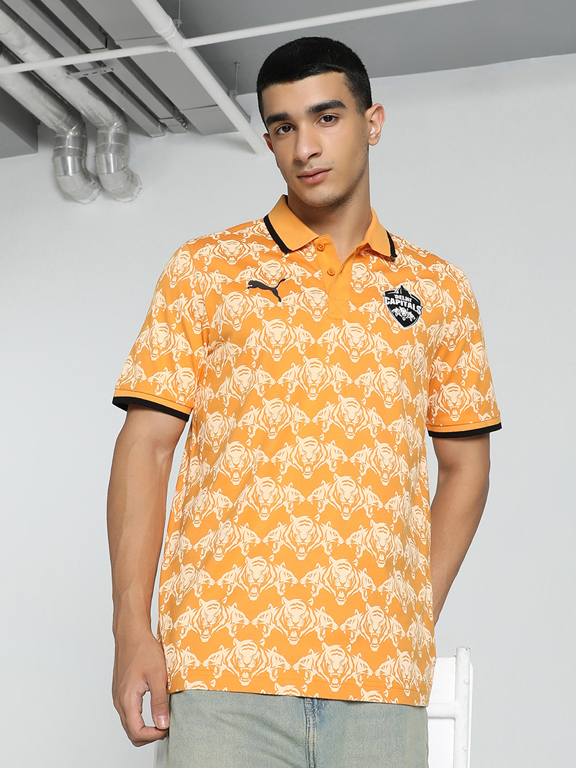 Men Yellow and White All Over Print Half Sleeves Polo Collar Cotton T-shirt
