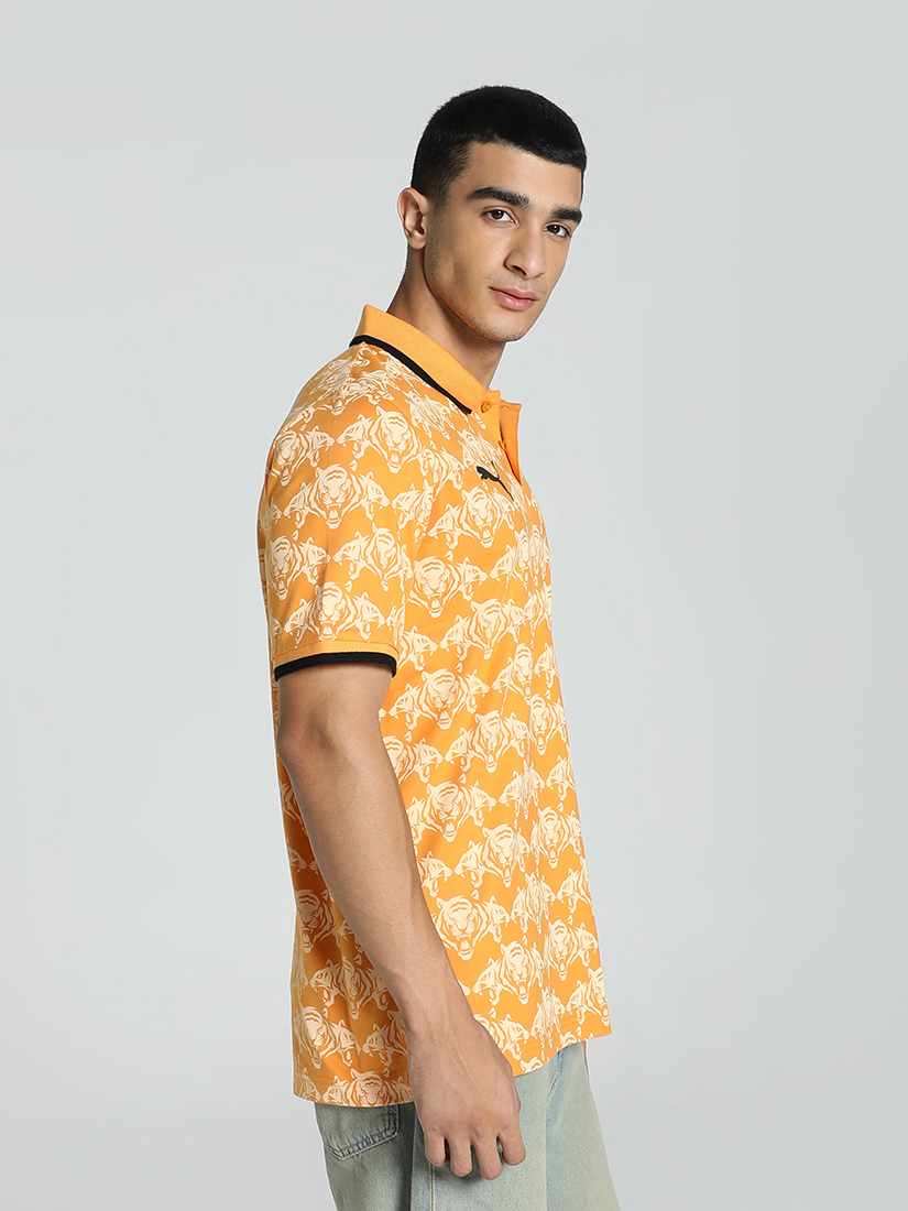 Puma X DC Men Yellow and White All Over Print Half Sleeves Polo Collar Cotton T-shirt (2)