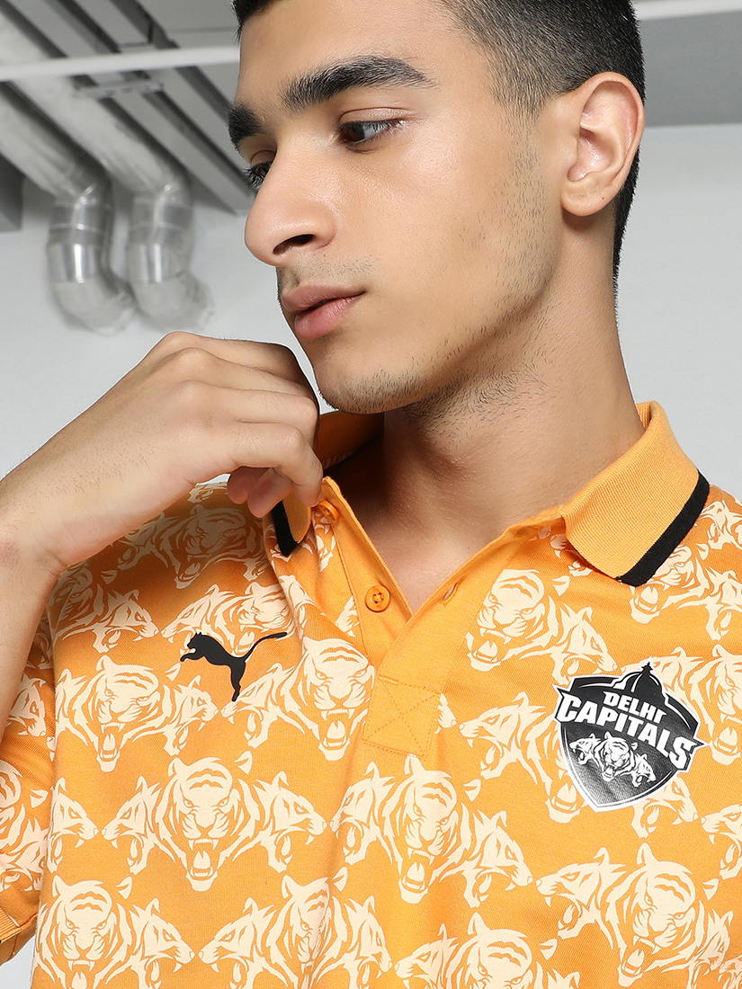 Puma X DC Men Yellow and White All Over Print Half Sleeves Polo Collar Cotton T-shirt (3)