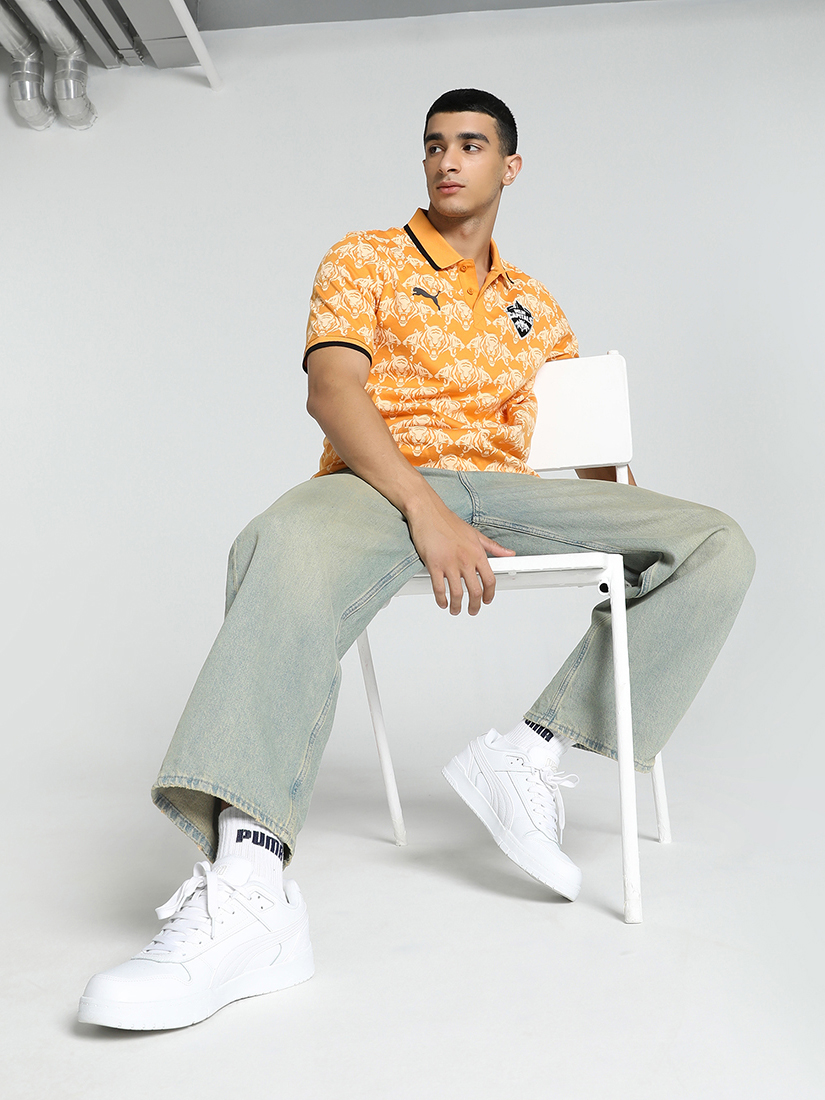 Puma X DC Men Yellow and White All Over Print Half Sleeves Polo Collar Cotton T-shirt (5)