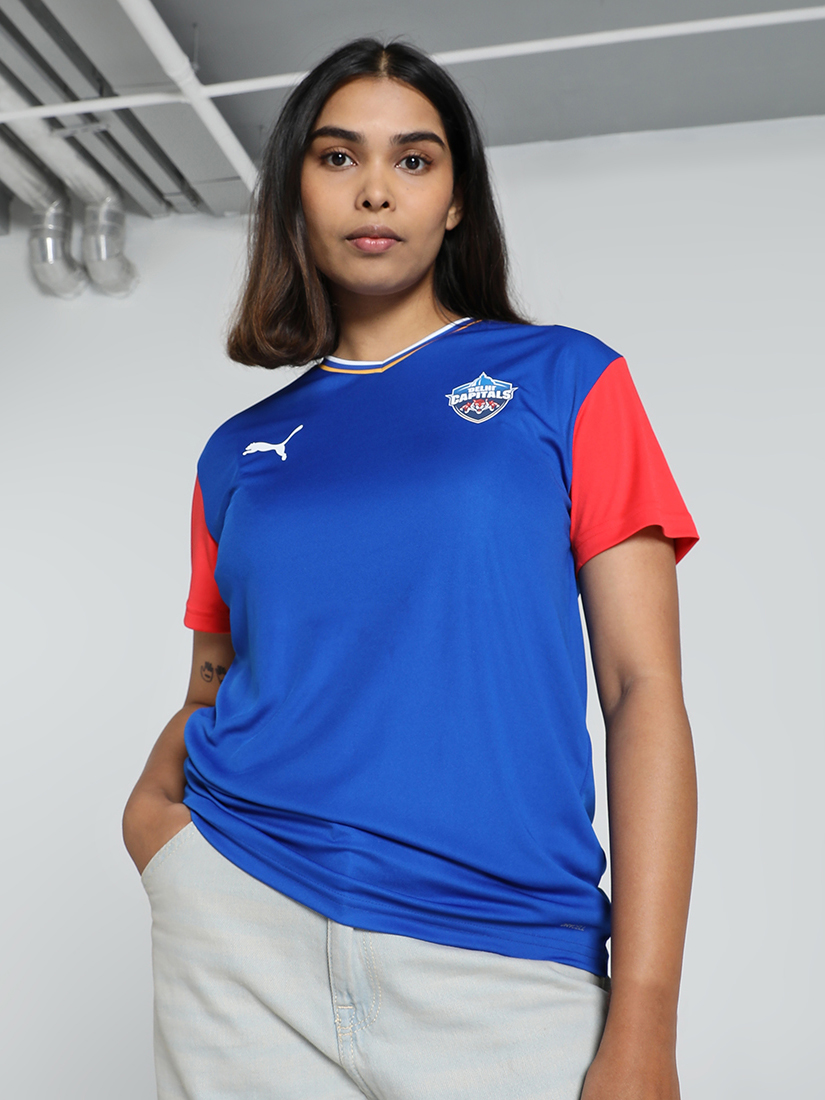 Women Blue and Red Logo Printed Half Sleeves V-Neck Polyester Takedown Fan Jersey