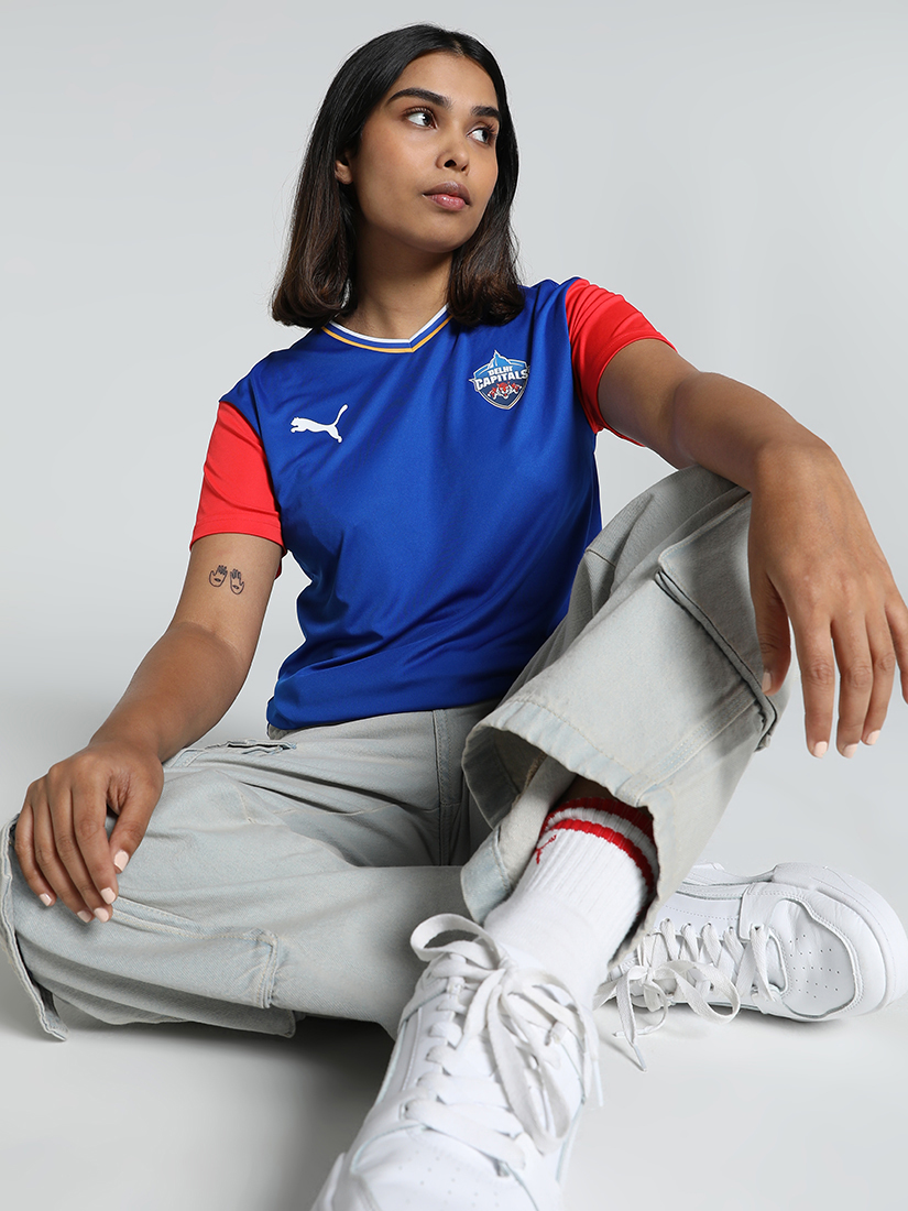 Puma X DC Women Blue and Red Logo Printed Half Sleeves V-Neck Polyester Takedown Fan Jersey (5)