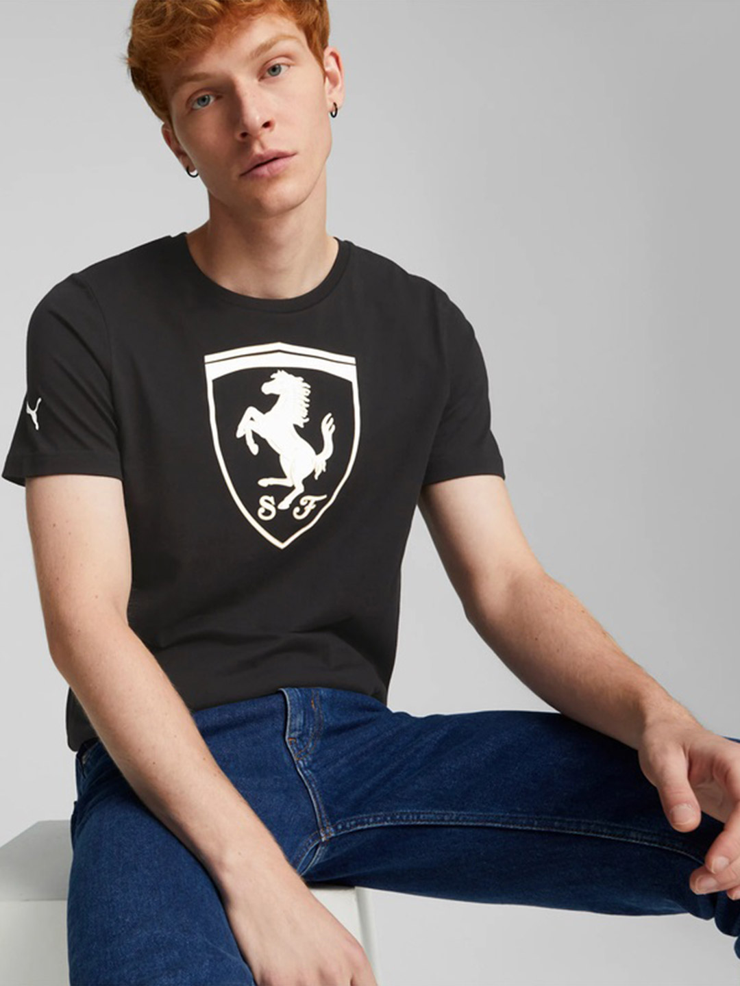 Puma X Ferrari Men Black & White Ferrari Race Big Shield Printed T-Shirt (5)