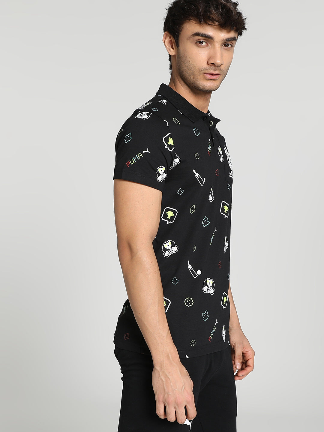 Puma X RCB Men Black All Over Print Half Sleeves Polo Collar Cotton T-Shirt (2)