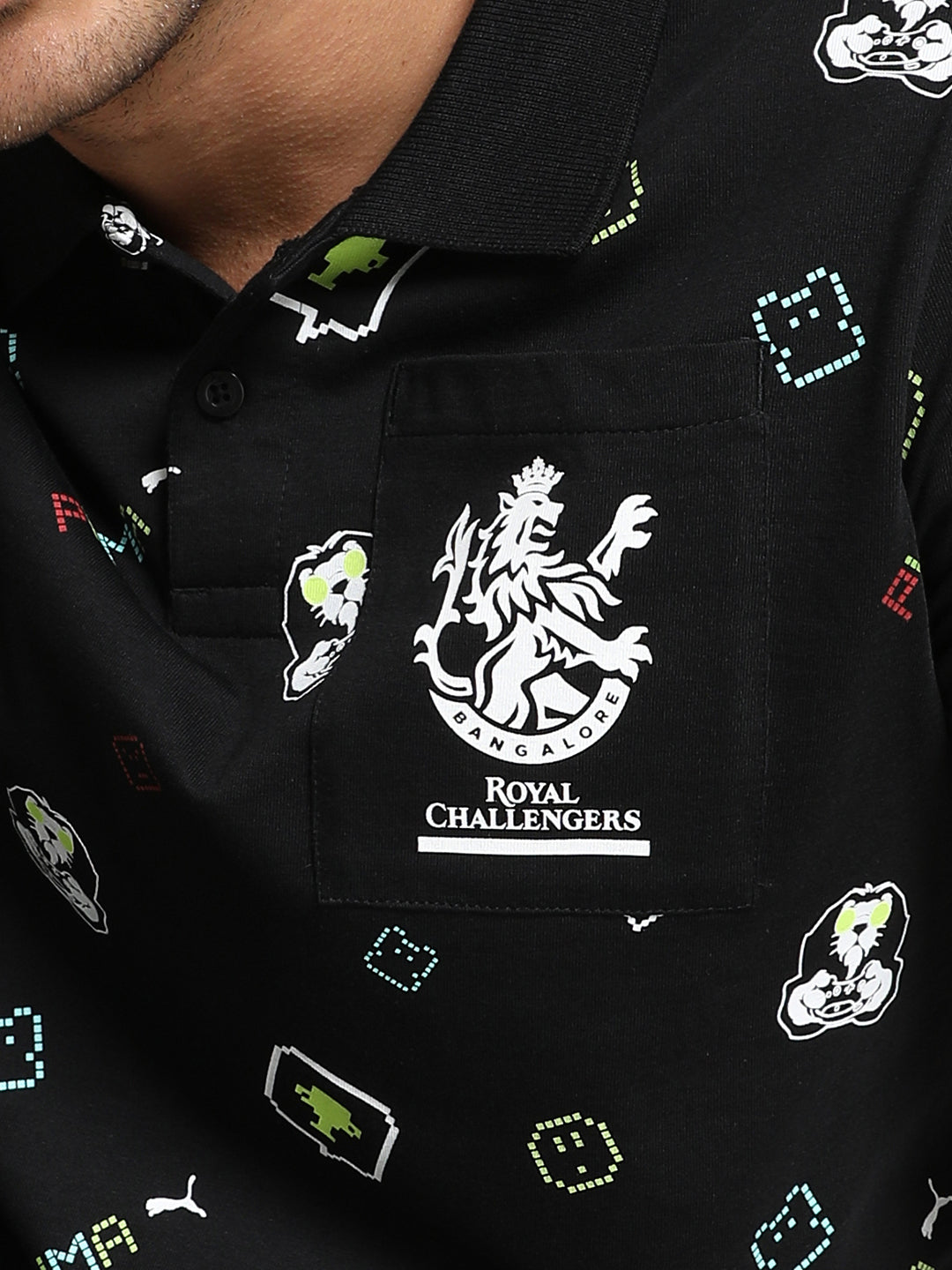 Puma X RCB Men Black All Over Print Half Sleeves Polo Collar Cotton T-Shirt (3)