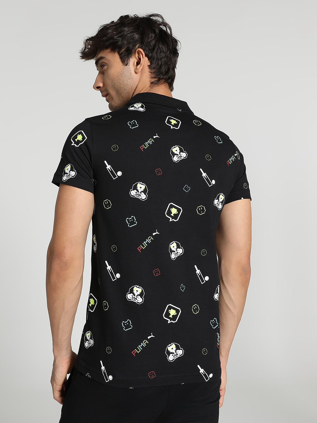 Puma X RCB Men Black All Over Print Half Sleeves Polo Collar Cotton T-Shirt (4)