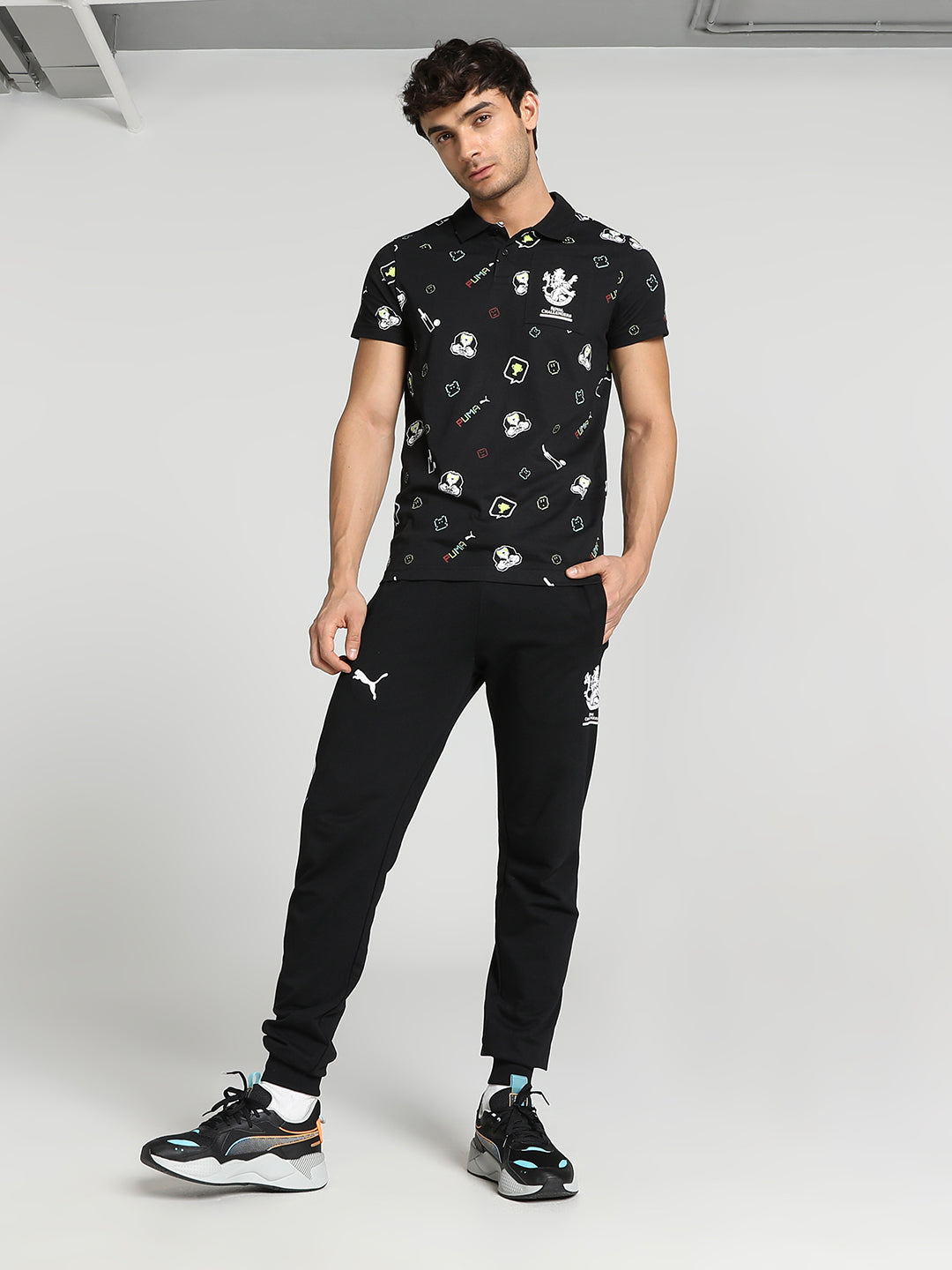 Puma X RCB Men Black All Over Print Half Sleeves Polo Collar Cotton T-Shirt (5)