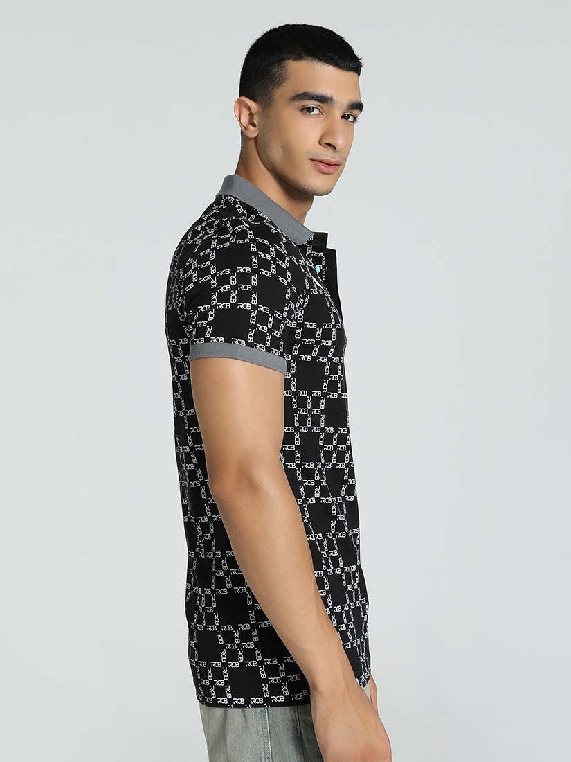 Puma X RCB Men Black and White All Over Print Half Sleeves Polo Collar Cotton T-shirt (2)