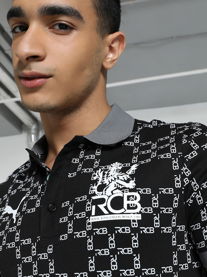 Puma X RCB Men Black and White All Over Print Half Sleeves Polo Collar Cotton T-shirt (3)