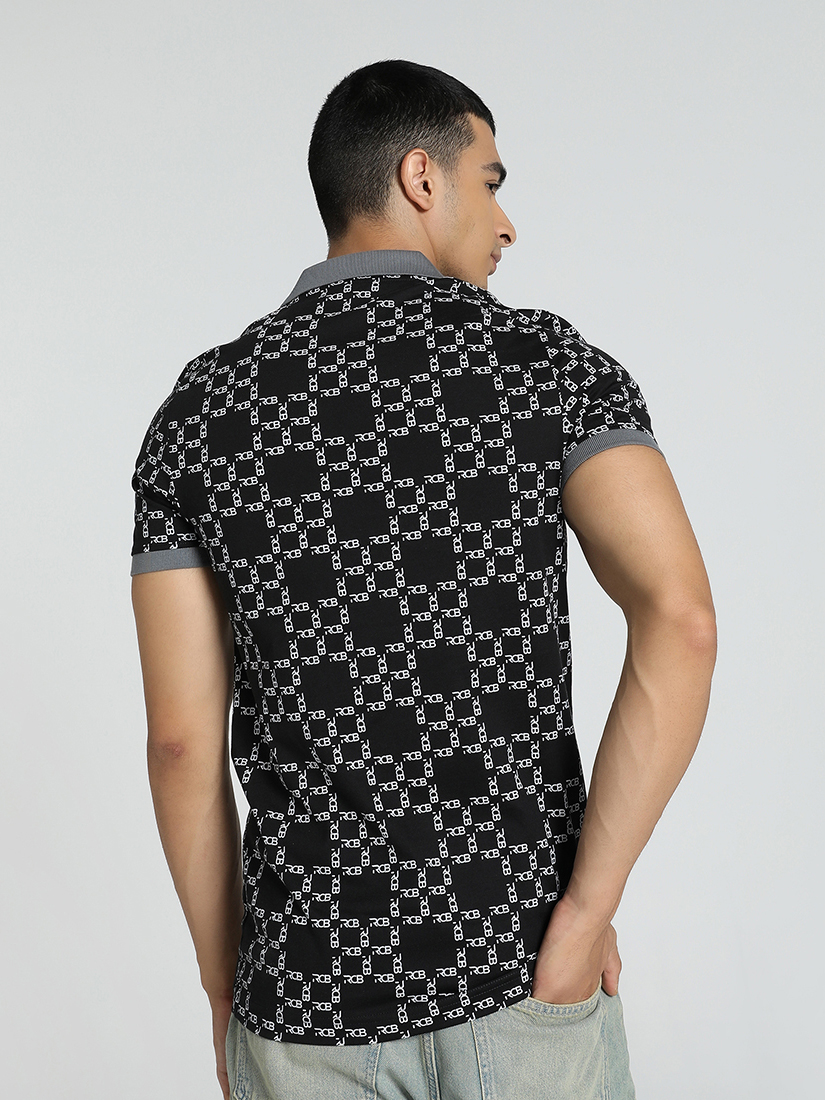 Puma X RCB Men Black and White All Over Print Half Sleeves Polo Collar Cotton T-shirt (4)