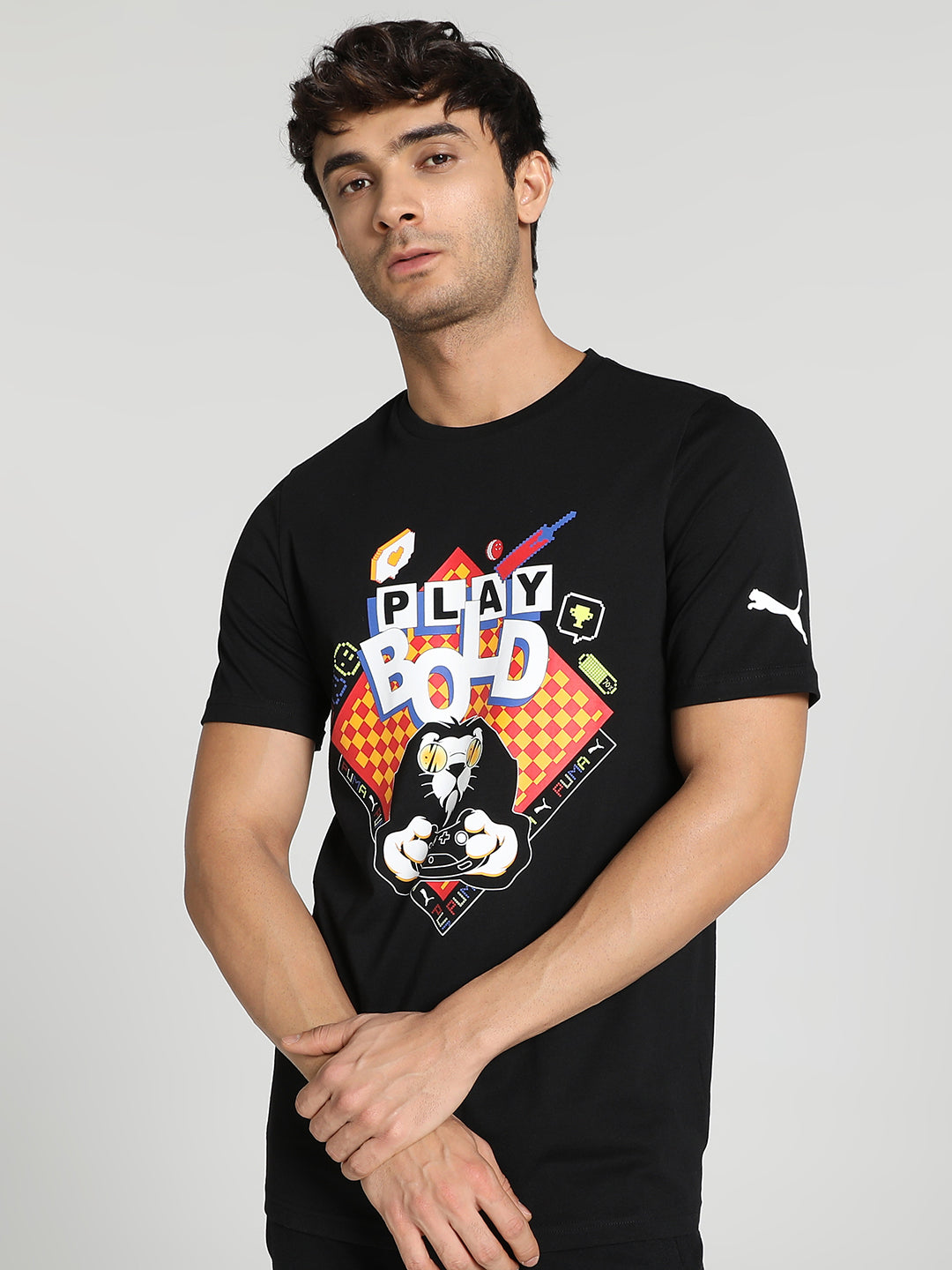 Men Black Graphic Printed Half Sleeves Round Neck Cotton T-Shirt