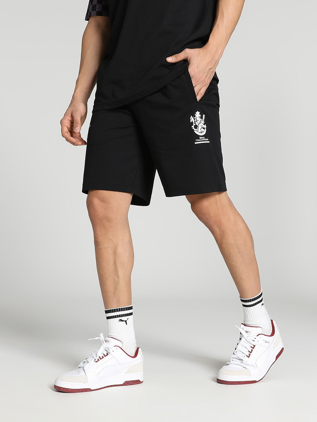Puma X RCB Men Black Solid Mid-Rise Arcade Cotton Sports Shorts (1)