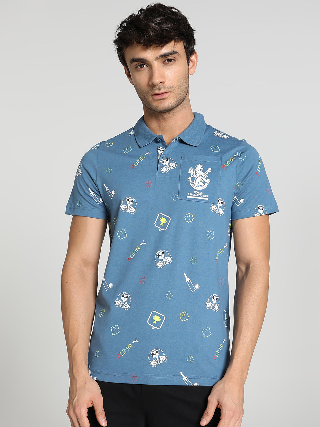 Men Blue All Over Print Half Sleeves Polo Collar Cotton T-Shirt