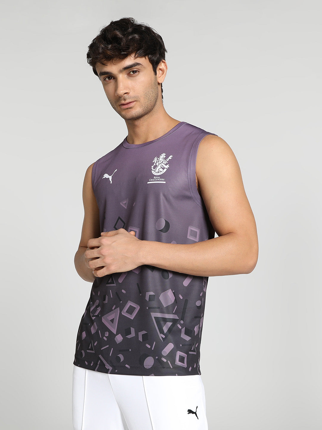 Men Grey Geometric Print Sleeveless Round Neck Polyester Sports Vest