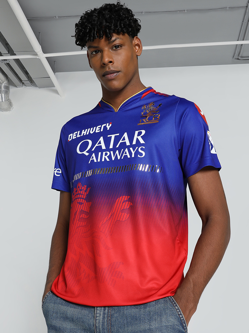 Puma X RCB Men Red and Blue Printed Half Sleeves V-Neck Official Authentic Replica Jersey (1)