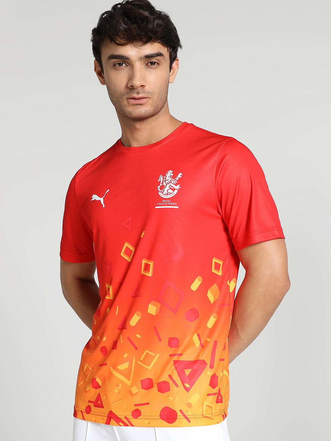 Men Red Geometric Print Half Sleeves Round Neck Polyester T-Shirt