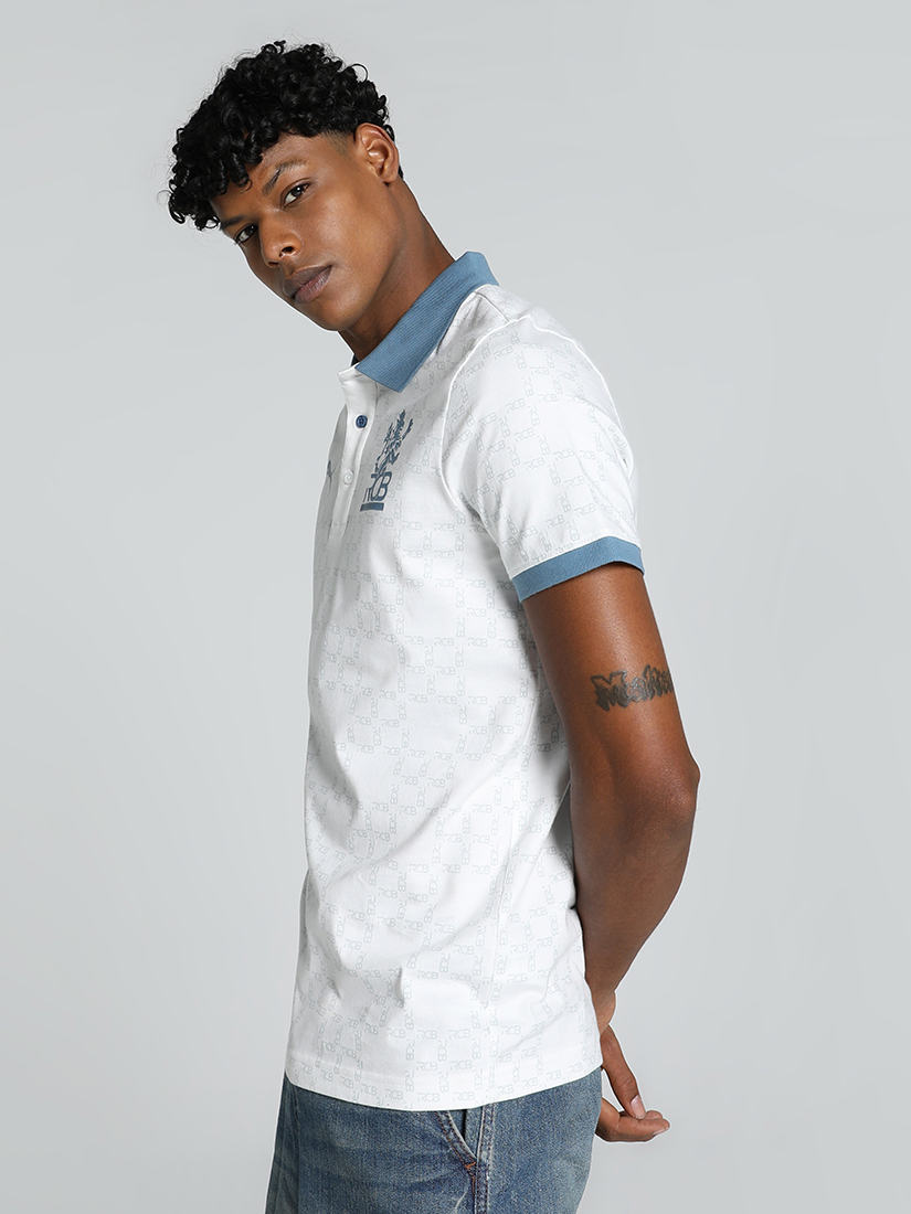 Puma X RCB Men White and Blue All Over Print Half Sleeves Polo Collar Cotton T-Shirt (2)
