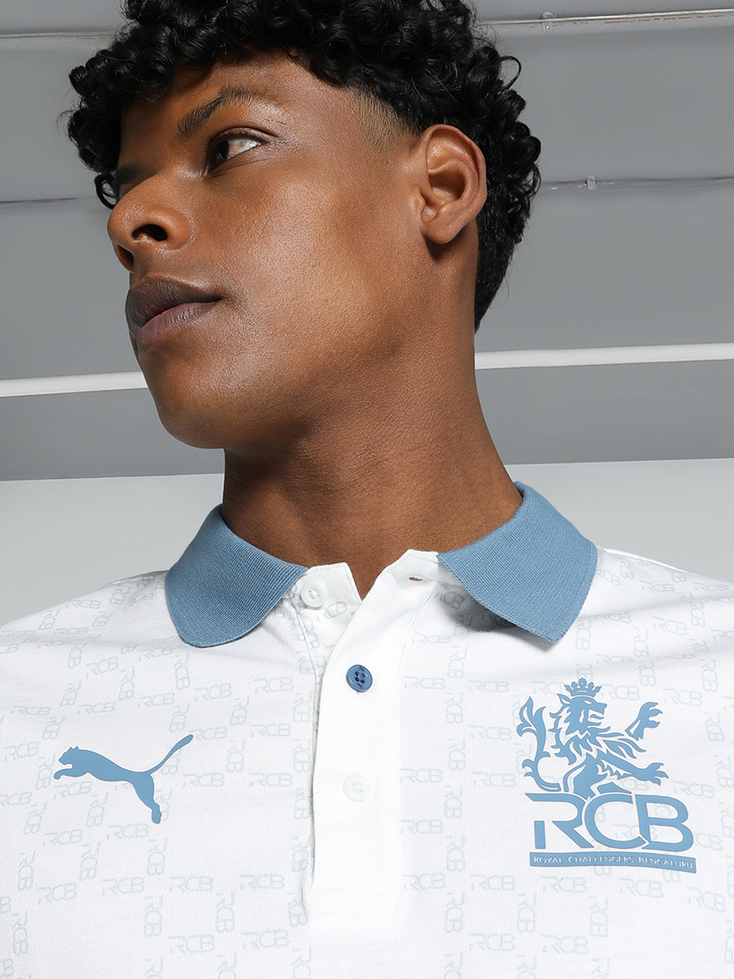 Puma X RCB Men White and Blue All Over Print Half Sleeves Polo Collar Cotton T-Shirt (3)