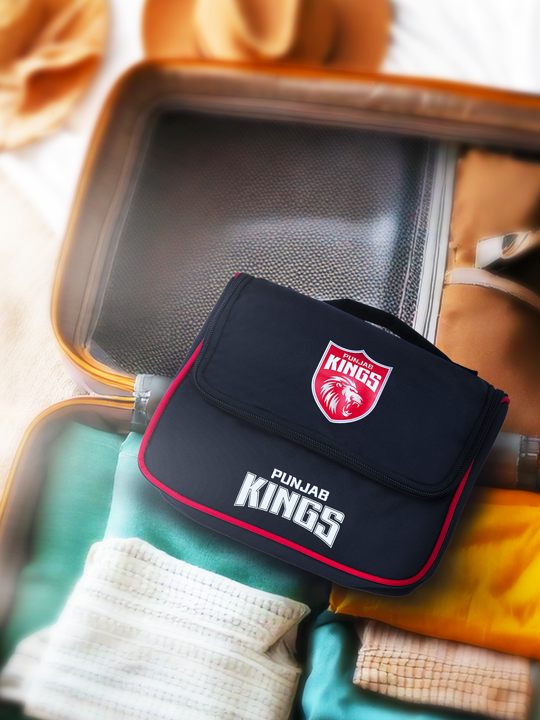 Punjab Kings Travel Organizer For Shaving Kit and Cosmetics Toiletry Kit Bag with Large Storage Compartments (Black/Red) (8)