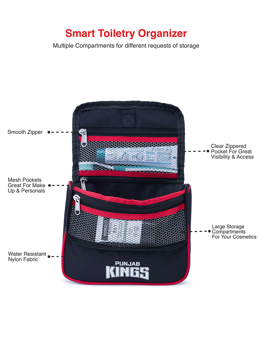 Punjab Kings Travel Organizer For Shaving Kit and Cosmetics Toiletry Kit Bag with Large Storage Compartments (Black/Red) (6)