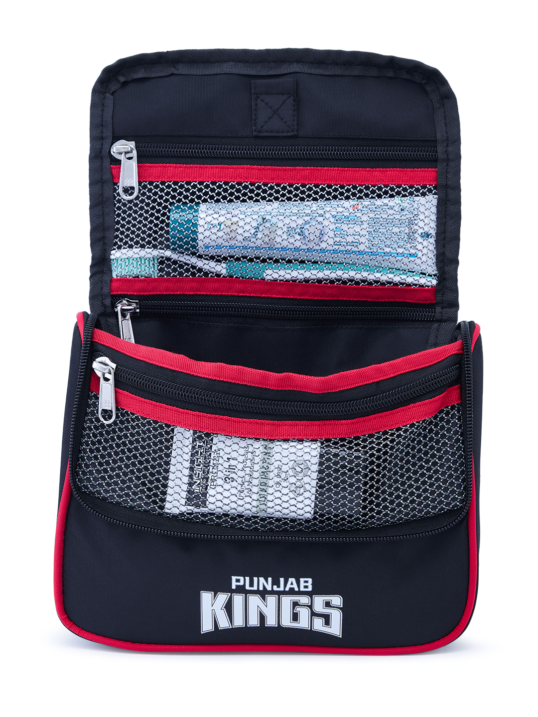 Punjab Kings Travel Organizer For Shaving Kit and Cosmetics Toiletry Kit Bag with Large Storage Compartments (Black/Red) (3)