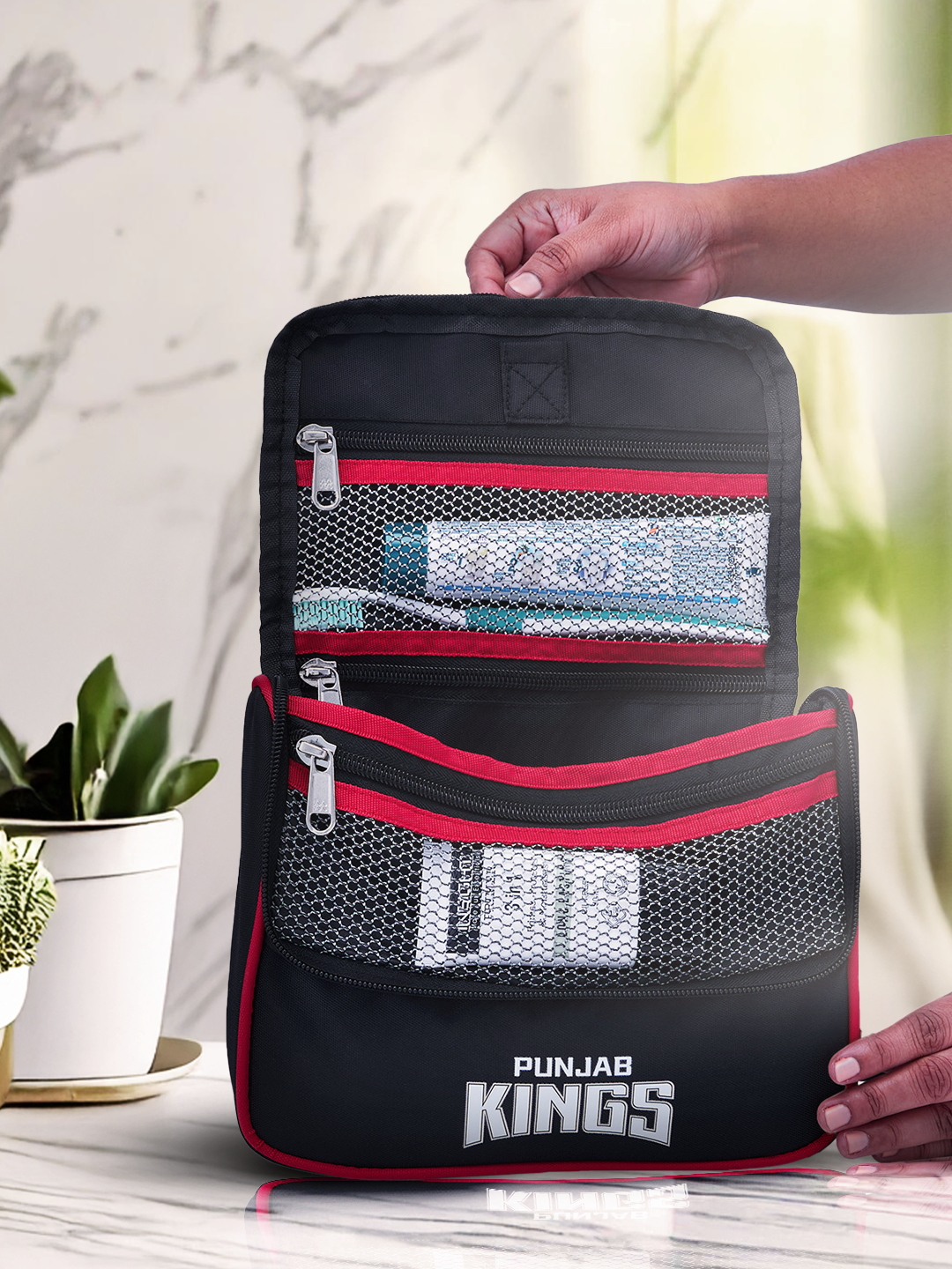 Travel Organizer For Shaving Kit and Cosmetics Toiletry Kit Bag with Large Storage Compartments (Black/Red)