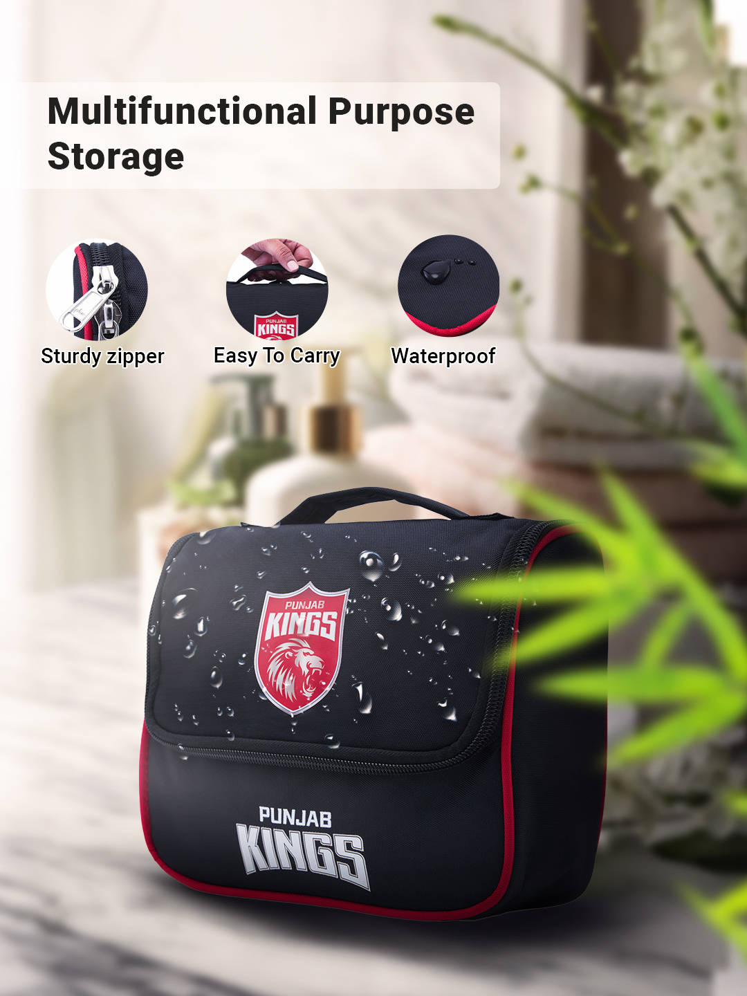 Punjab Kings Travel Organizer For Shaving Kit and Cosmetics Toiletry Kit Bag with Large Storage Compartments (Black/Red) (5)