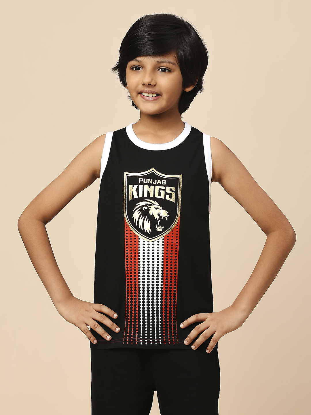 Punjab Kings Boys Black Graphic Printed Sleeveless Round Neck Sports Vest (1)