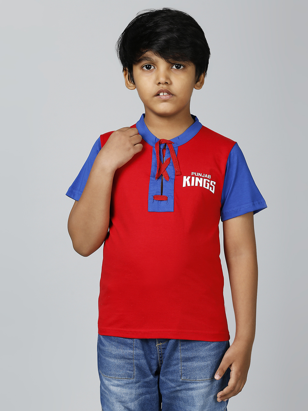 Boys Red and Blue Colourblocked Half Sleeves Henley Neck Cotton T-Shirt