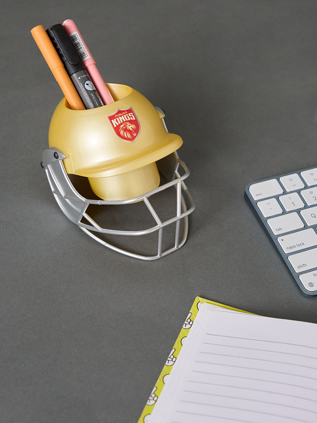 Punjab Kings Helmet Shaped Gold Logo Printed Pen and Pencil Stand, Pen Holder For Office and Home (3)
